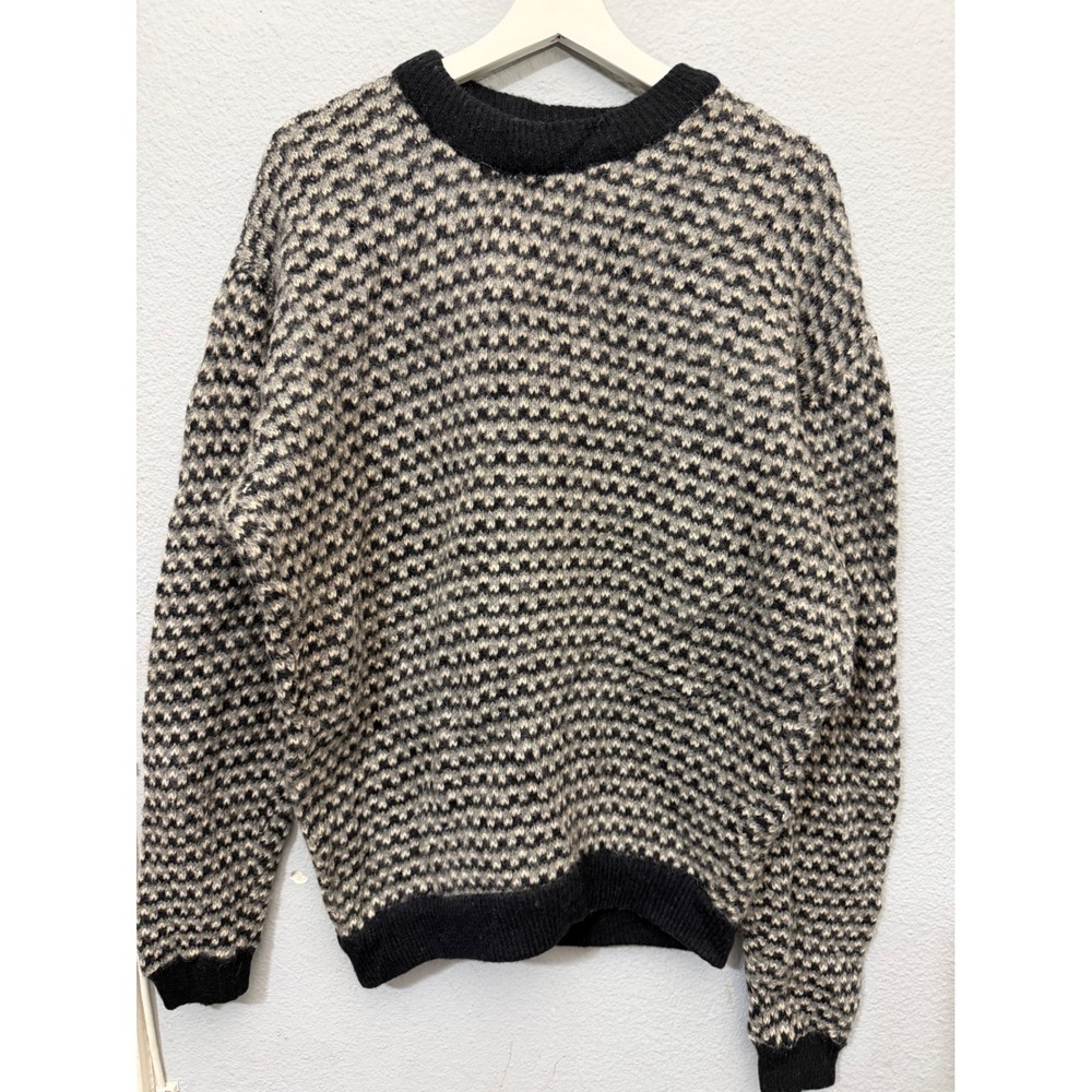 Vintage 80s ORE Made in Norway Wool Sweater XL Birds Eye Knit Crewneck Black
